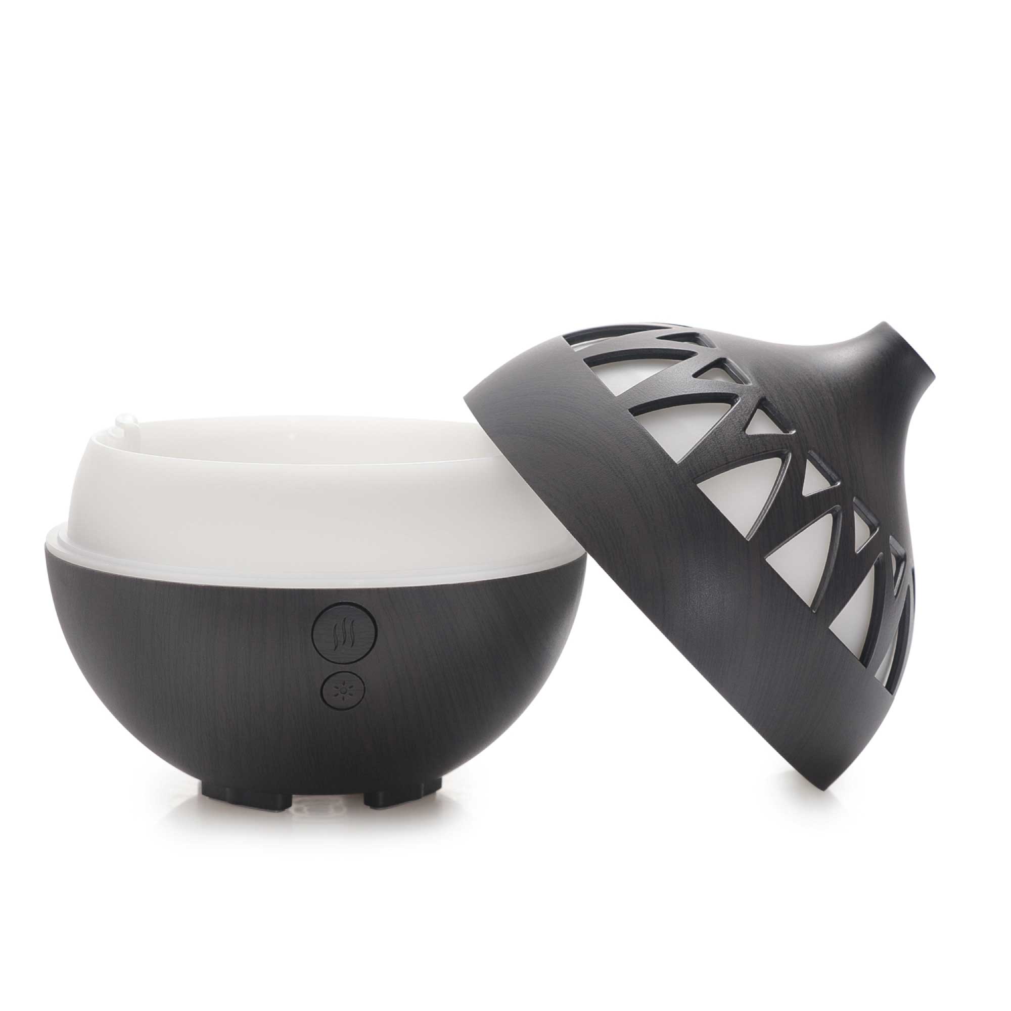 Black and white spherical oil aroma diffuser with latticed top for dark wood mist