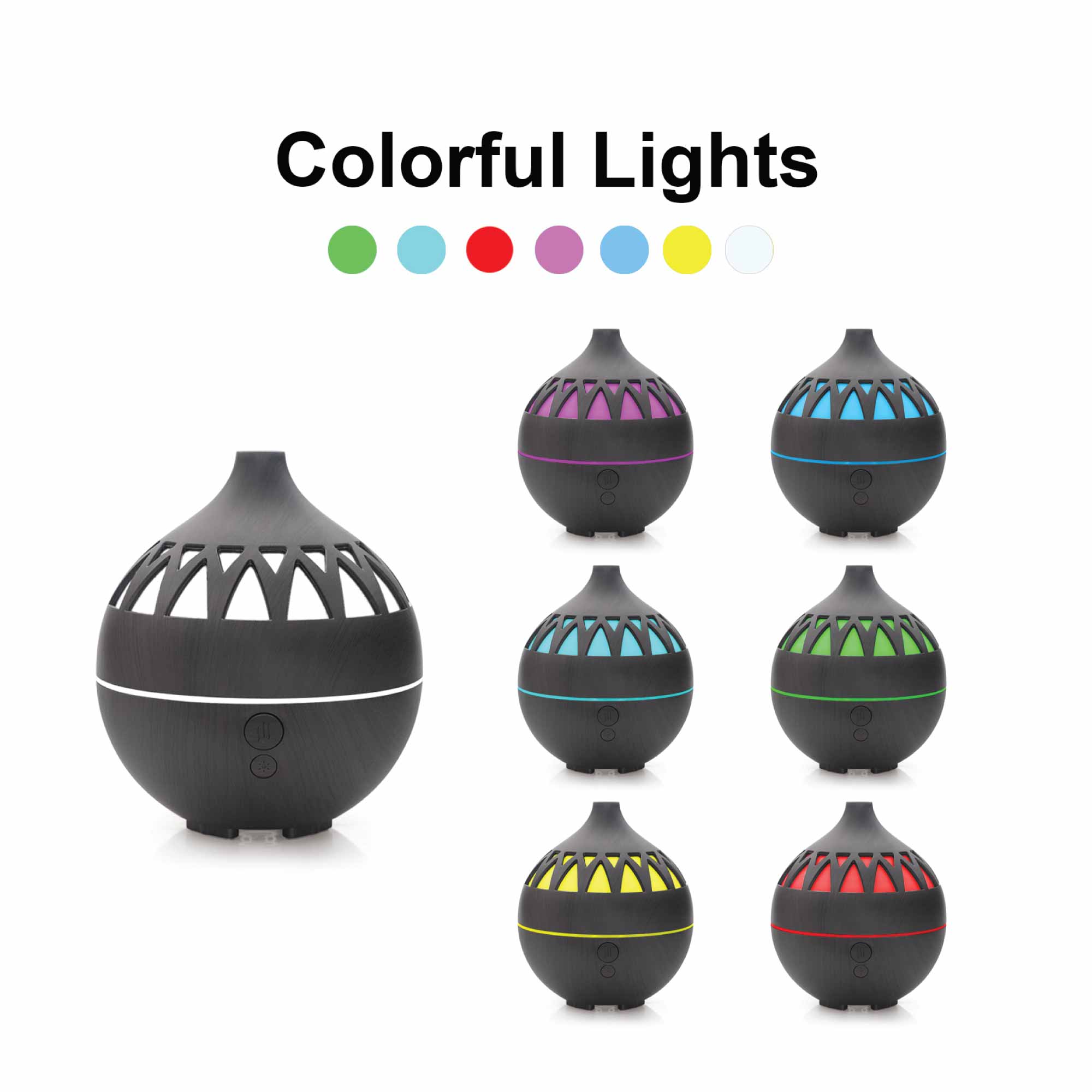 Spherical black oil aroma diffuser with colorful bands and cutouts, 180ml USB LED dark wood mist