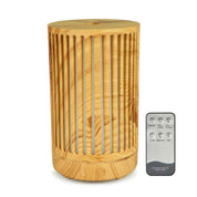 Cylindrical wooden essential oil diffuser with remote, light wood grain and colour changing features