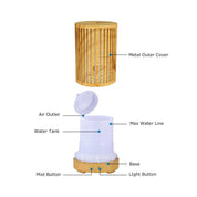 Essential Oil Aroma Diffuser with gold cover, labeled parts, light wood grain design