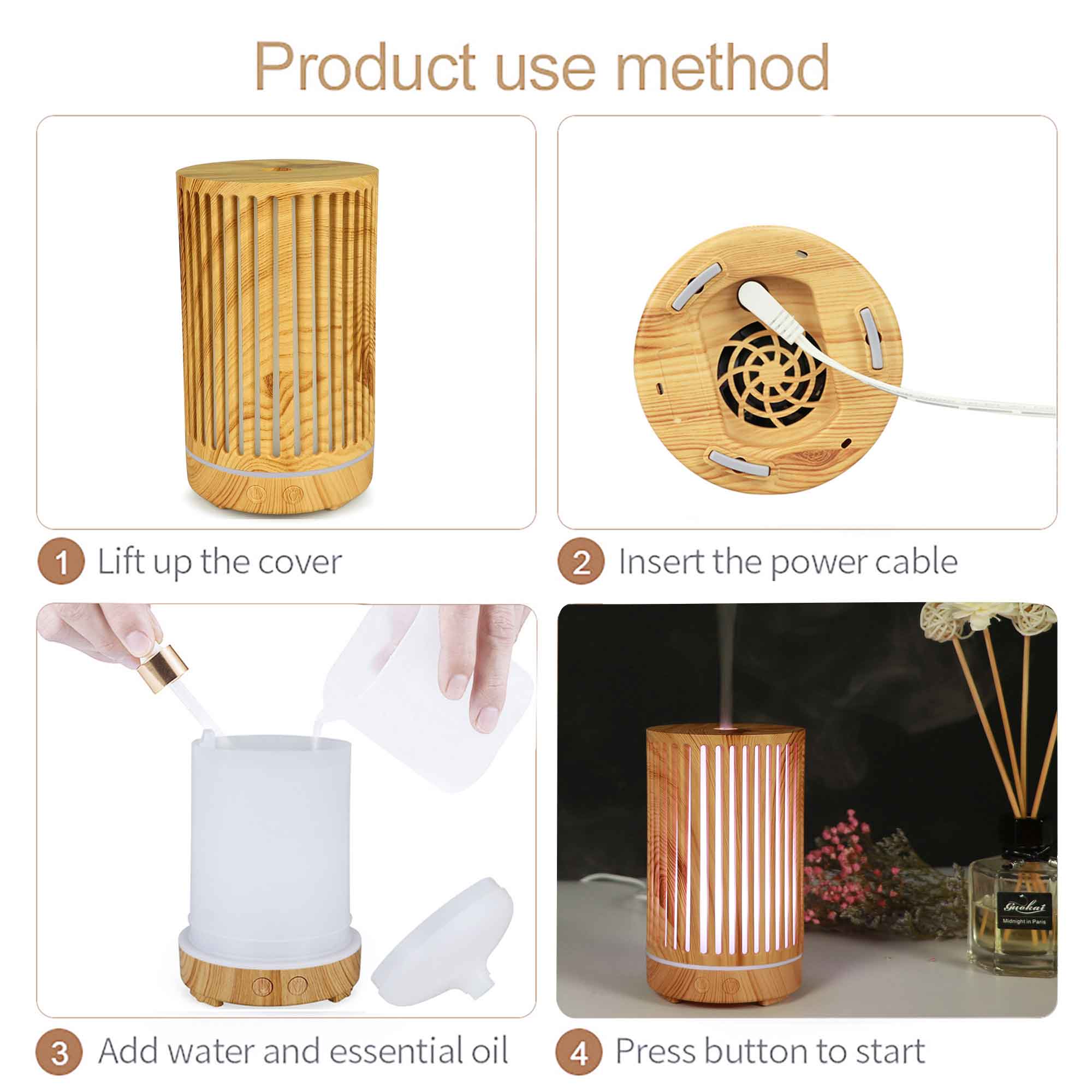 Cylindrical bamboo essential oil diffuser with LED lighting and ultrasonic aroma features