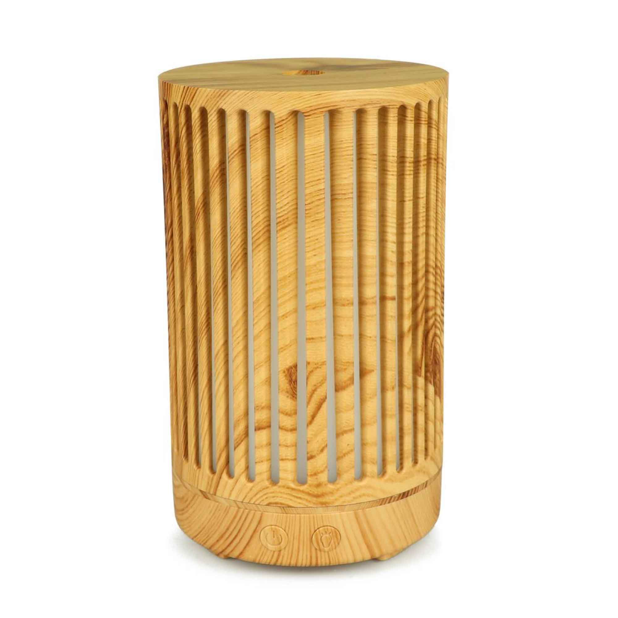 Cylindrical wooden aroma diffuser with light wood grain and colour changing features