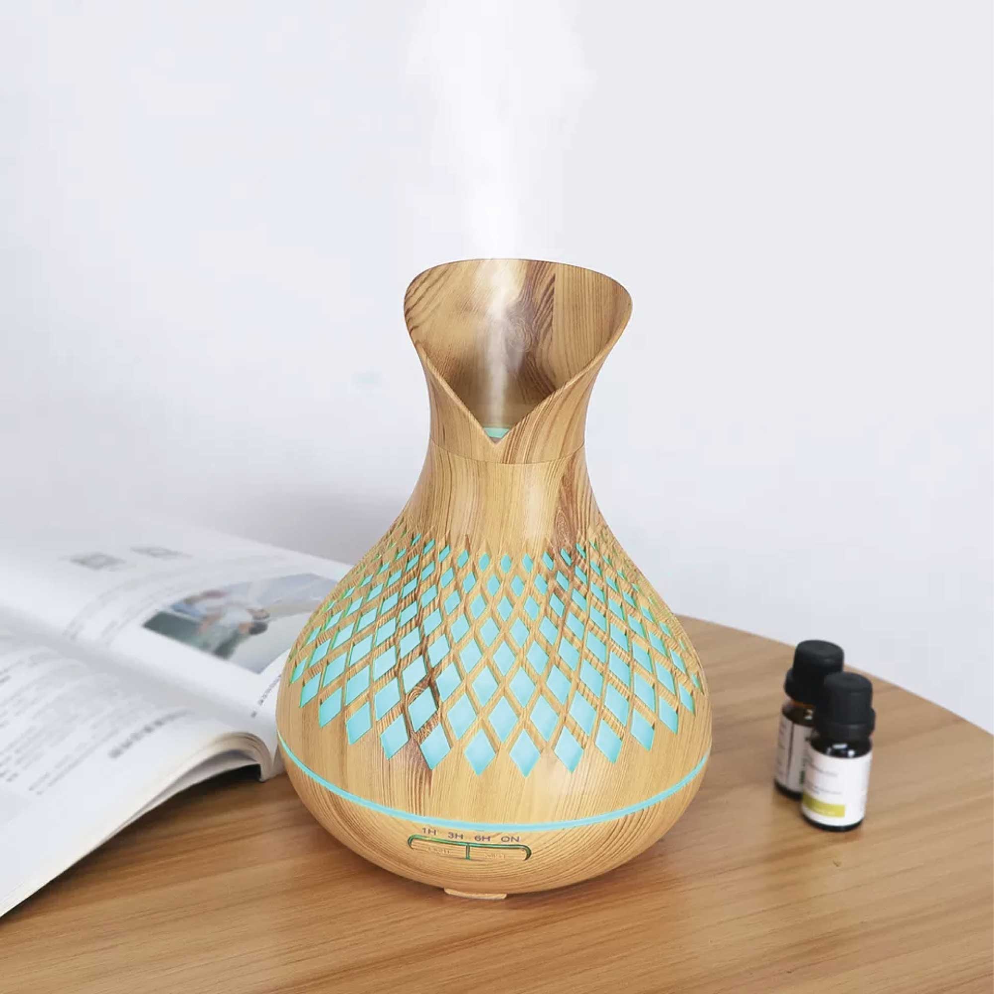 Essential Oil Aroma Diffuser and Remote - 500ml Vase Tulip Wood Mist Humidifier - Appliances > Aroma Diffusers &