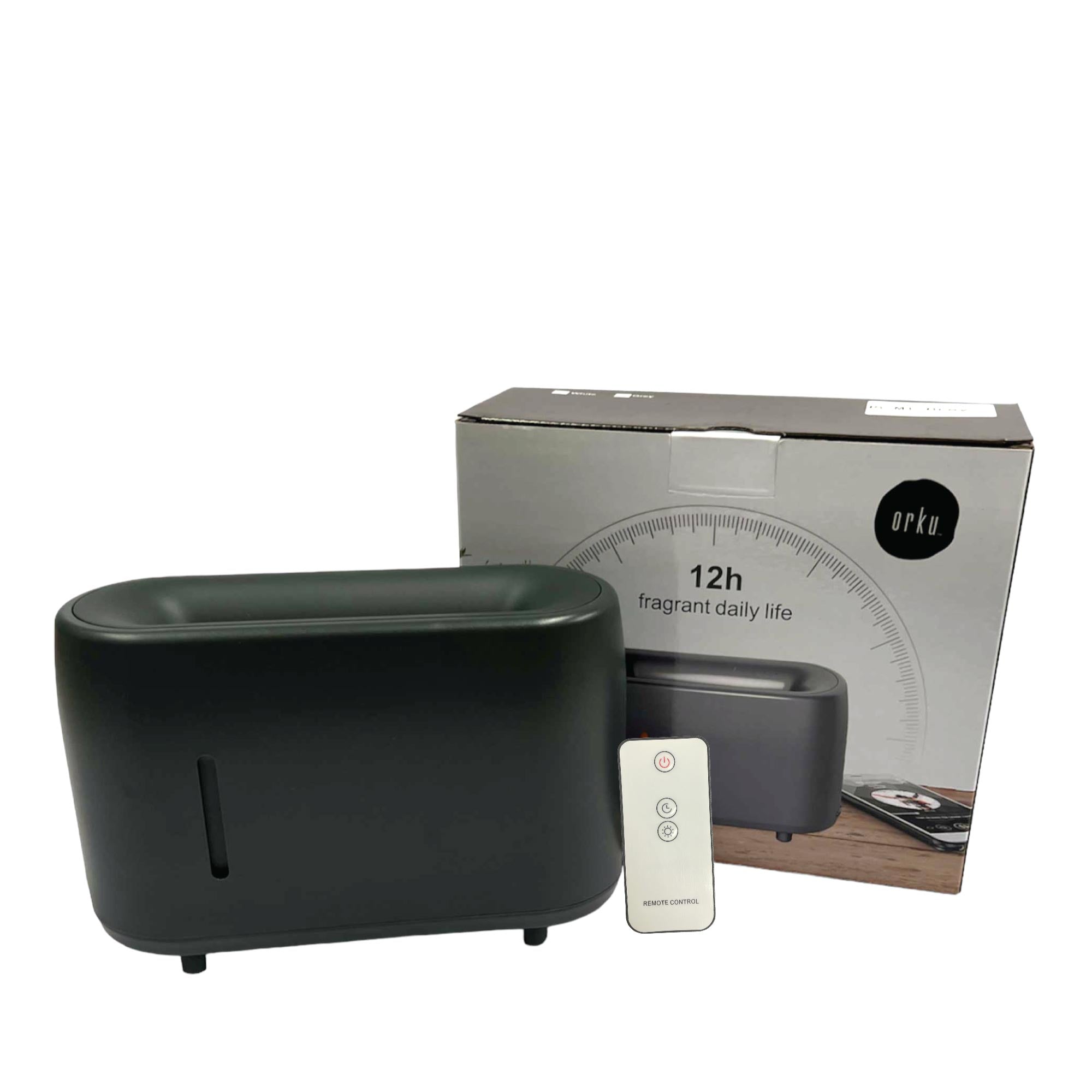 Black oil aroma diffuser with remote and packaging, featuring grey 240ml flame style mist