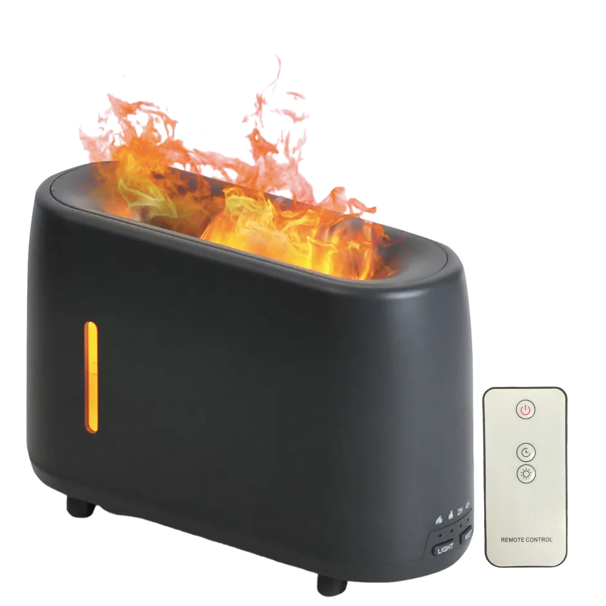 Black toaster with flames and remote beside Grey 240ml Flame Oil Aroma Diffuser