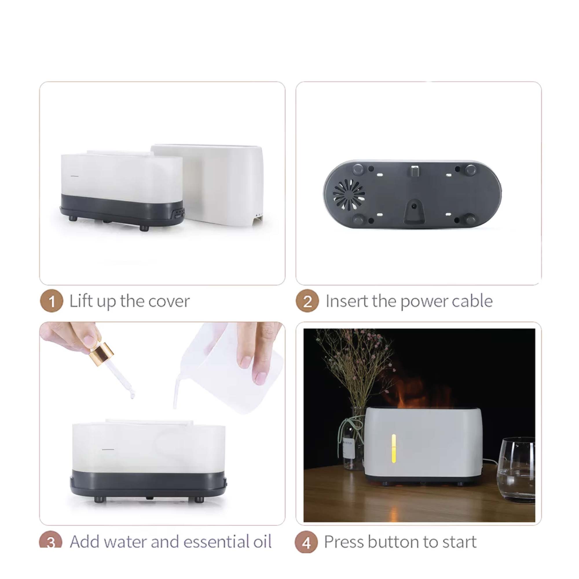 White 240ml Flame Fire Style Air Humidifier with oil aroma diffuser setup instructions