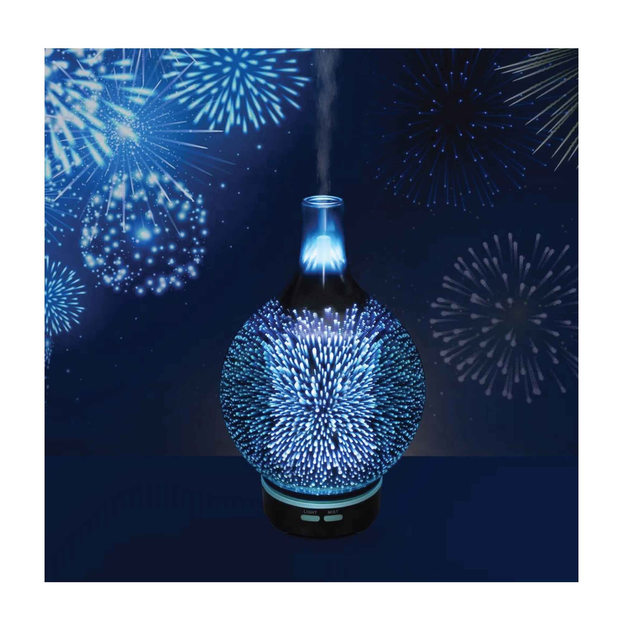 3D glass firework diffuser with blue light enhances essential oils in mist ultrasonic therapy