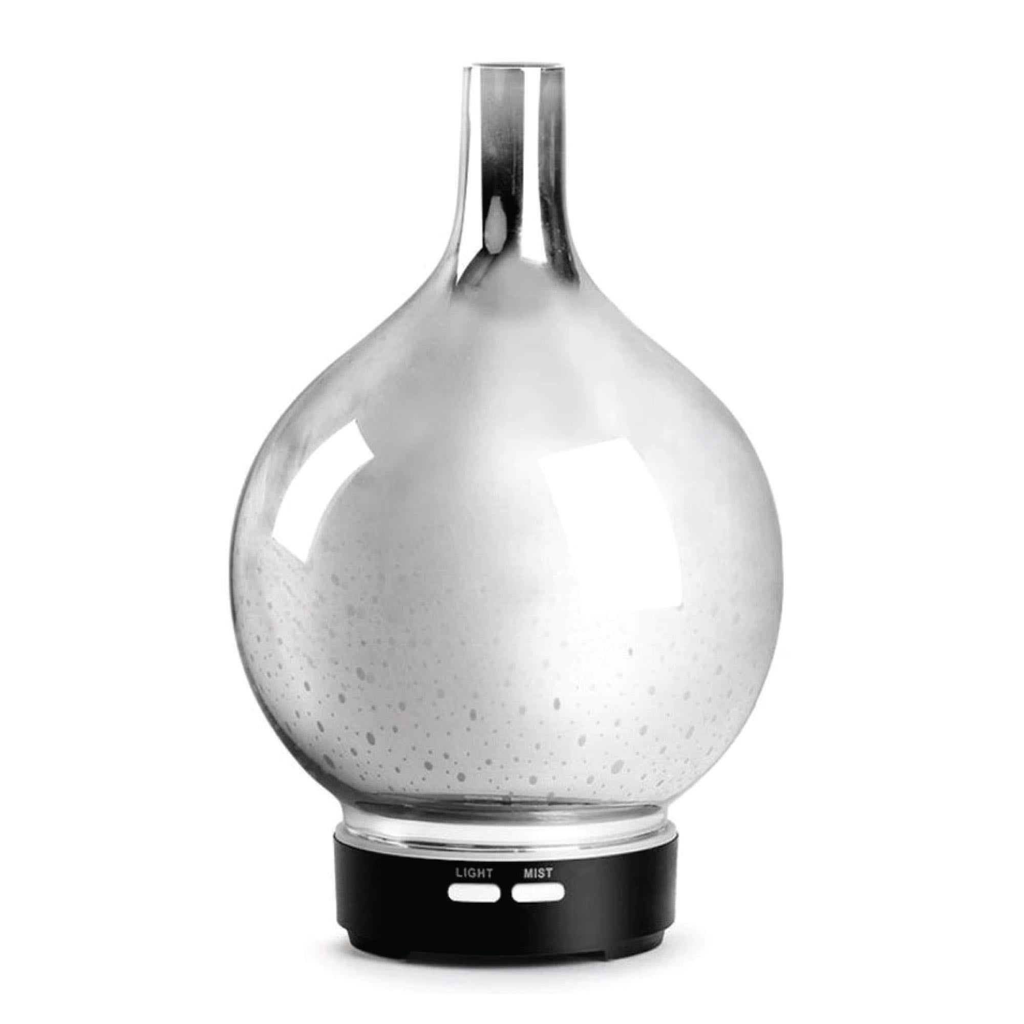 Glass essential oil diffuser with a bulbous body and narrow neck for mist ultrasonic use