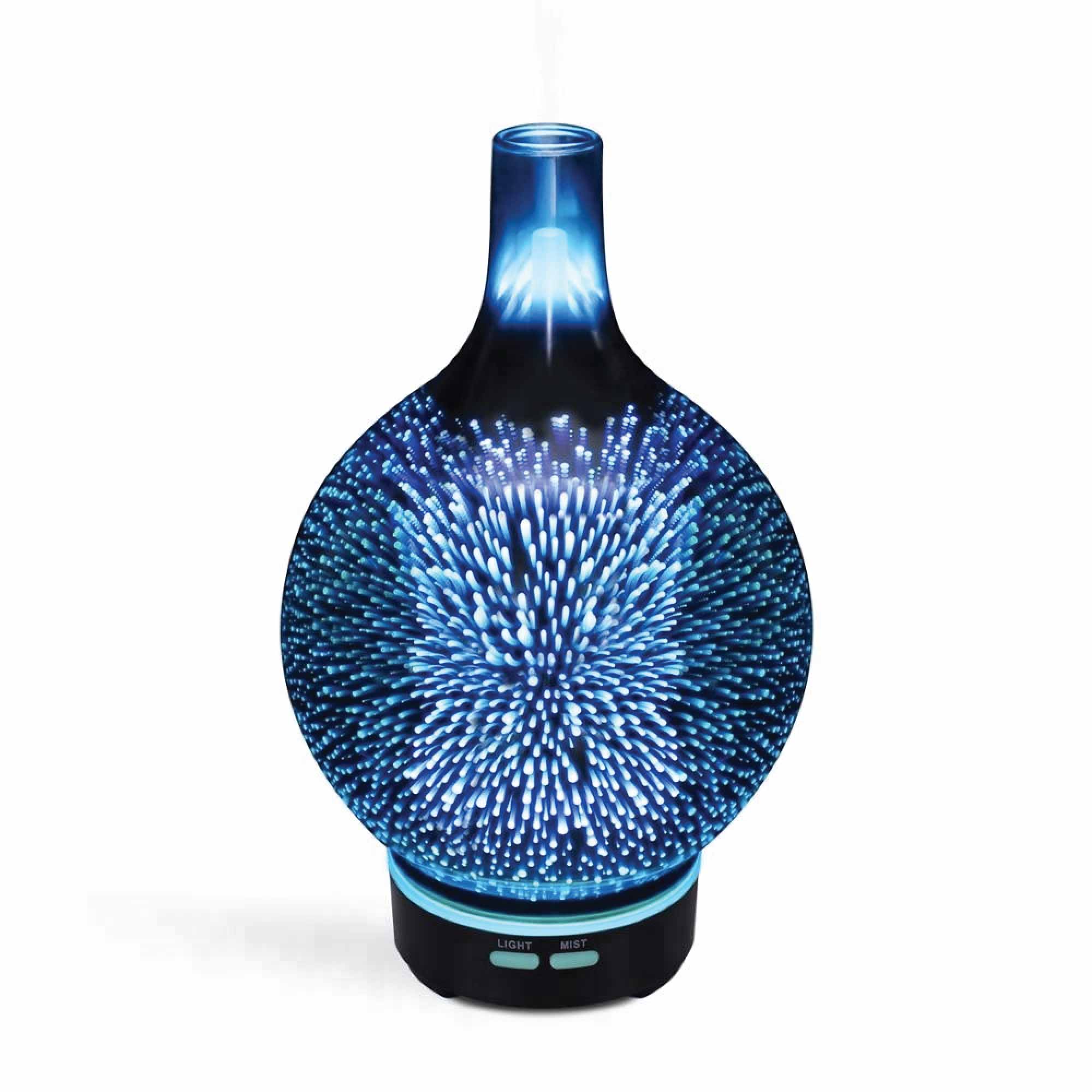 3D glass essential oil diffuser with blue starburst light and ultrasonic mist effect