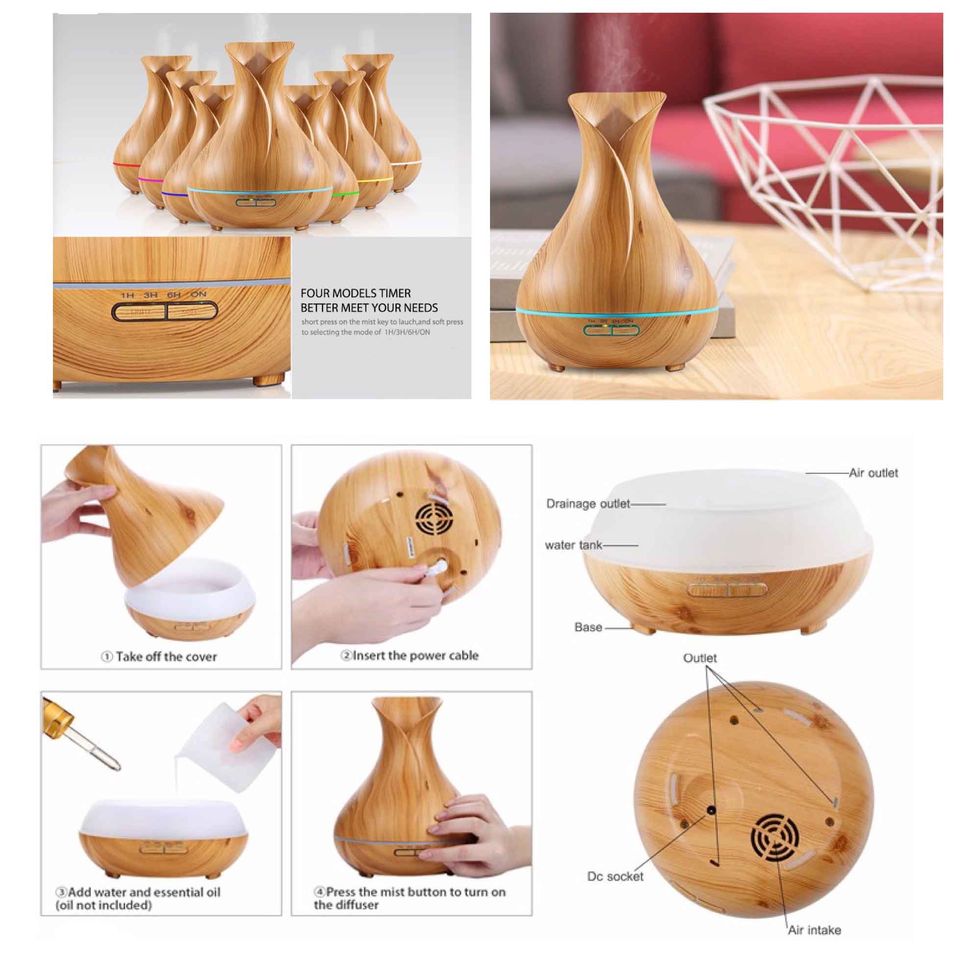 Essential Oil Aroma Diffuser Tulip Light Wood Colour Ultrasonic Mist Humidifier - Appliances > Aroma Diffusers &