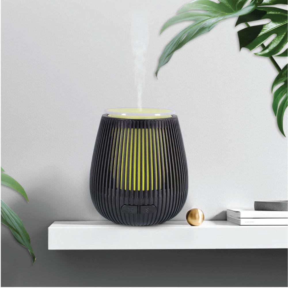 Black ribbed essential oil aroma diffuser with yellow lighting, portable ultrasonic car humidifier