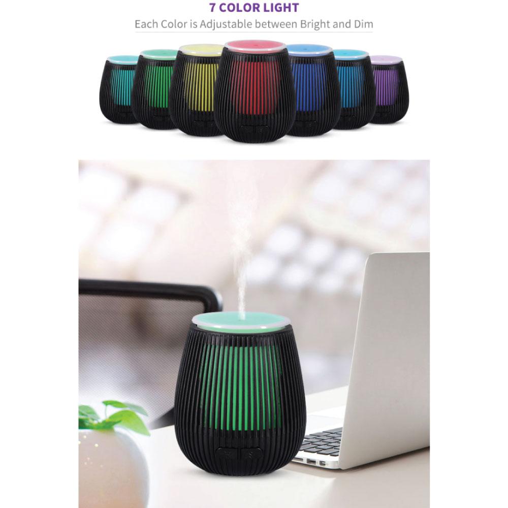 Black ribbed essential oil aroma diffuser with adjustable 7-color LED lighting