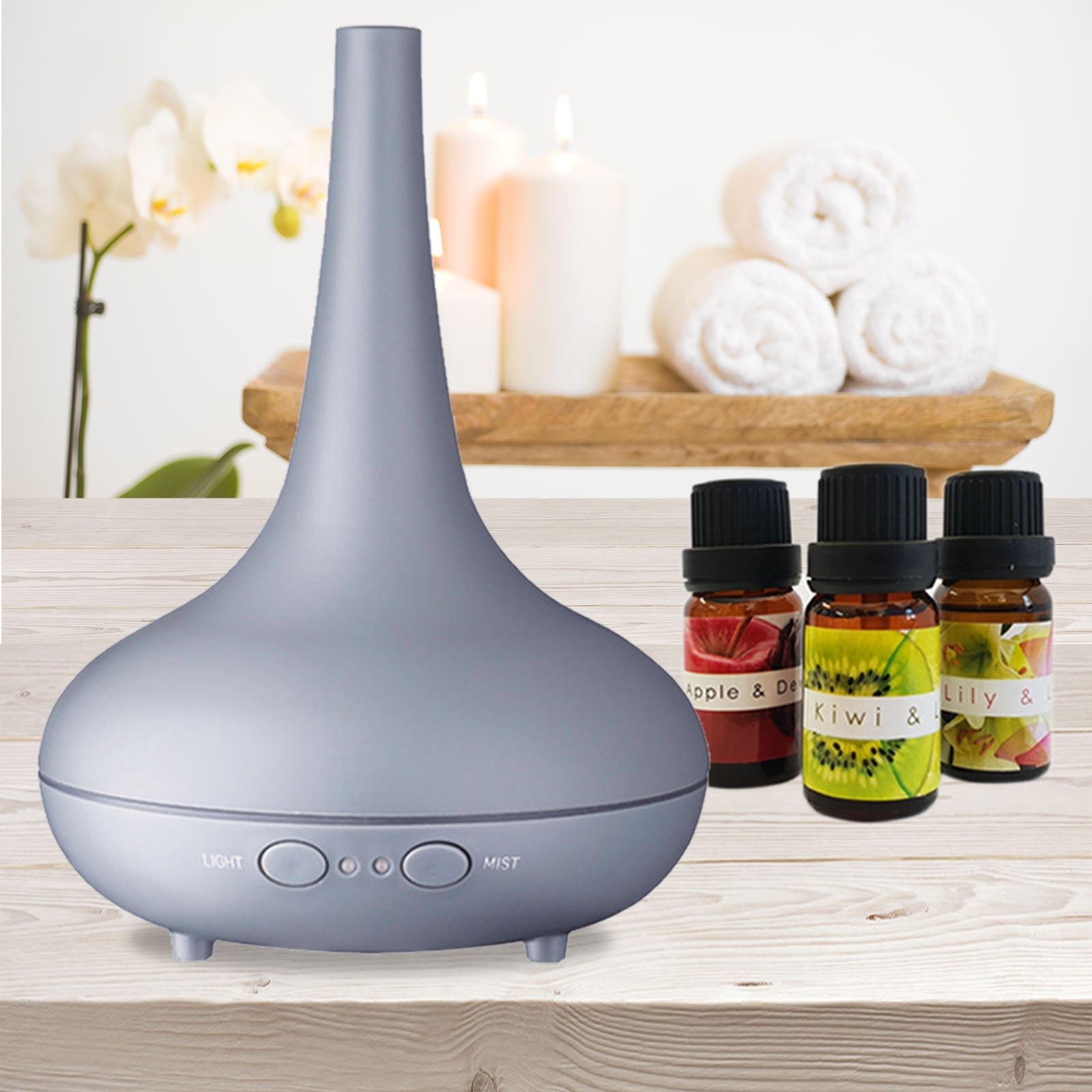 Essential Oil Diffuser Ultrasonic Humidifier Aromatherapy LED Light 200ML 3 Oils - Matte Grey - Appliances > Aroma