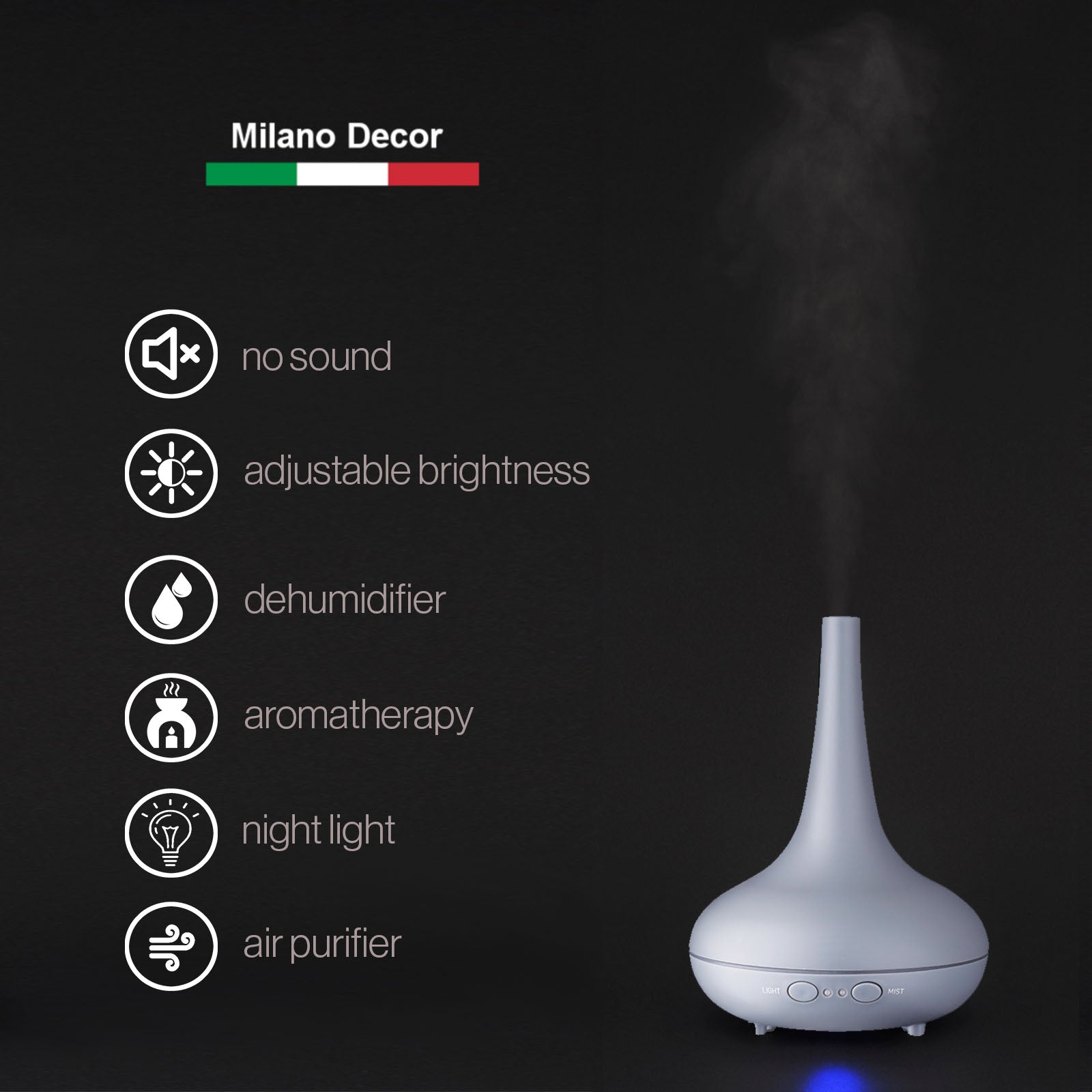 Essential Oil Diffuser Ultrasonic Humidifier Aromatherapy LED Light 200ML 3 Oils - Matte Grey - Appliances > Aroma