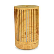 Cylindrical wooden aroma diffuser with light wood grain and colour changing features