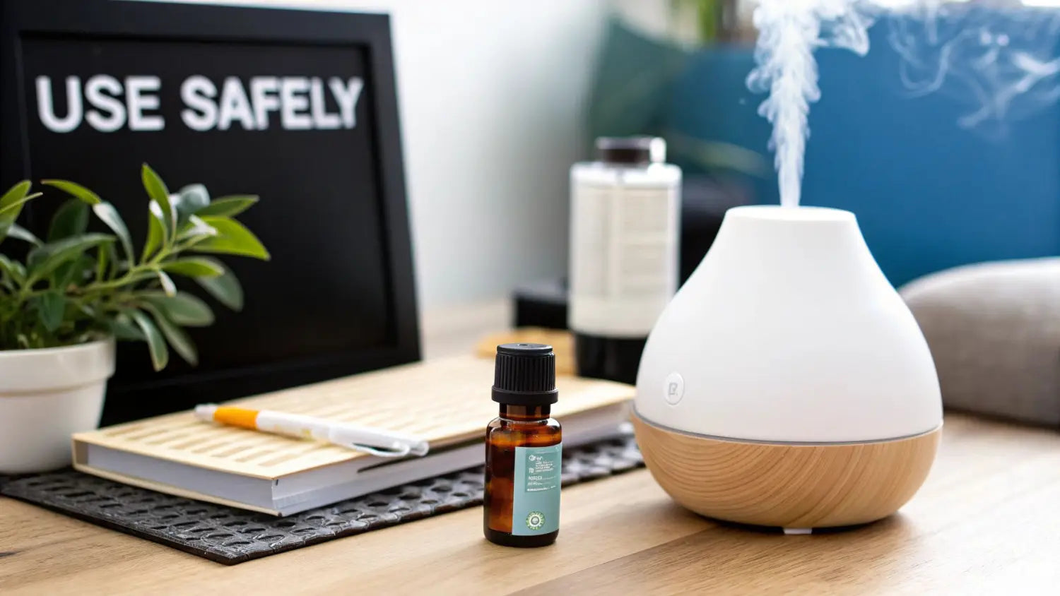 An essential oil diffuser emitting mist, an essential oil bottle, a plant, and a 'USE SAFELY' sign.