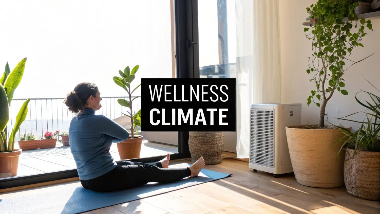 A woman practices yoga indoors, surrounded by plants and an air purifier, promoting wellness.