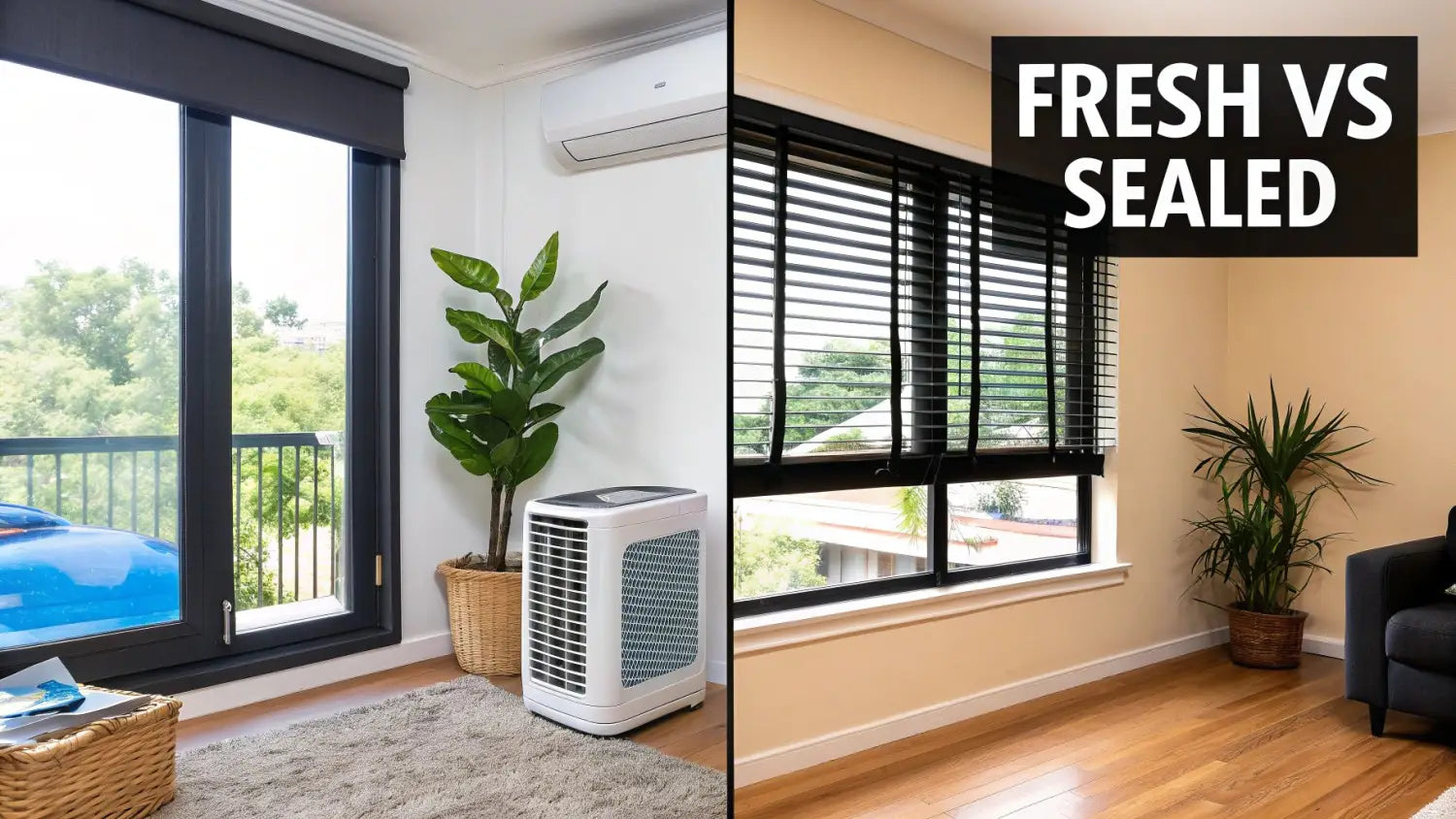 Side-by-side comparison of two rooms, one with an evaporative cooler, the other sealed with blinds.
