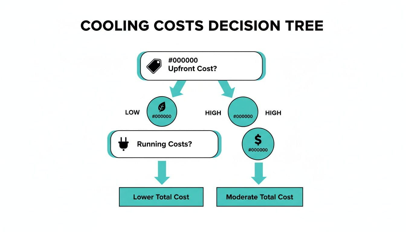 A cooling costs decision tree showing choices based on upfront and running expenses.