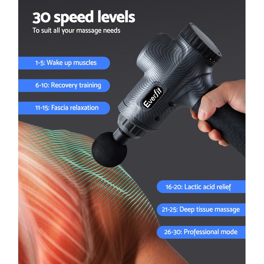 Everfit Massage Gun 30 Speed 6 Heads Vibration Muscle Massager Chargeable Grey - Health & Beauty > Massage & Relaxation