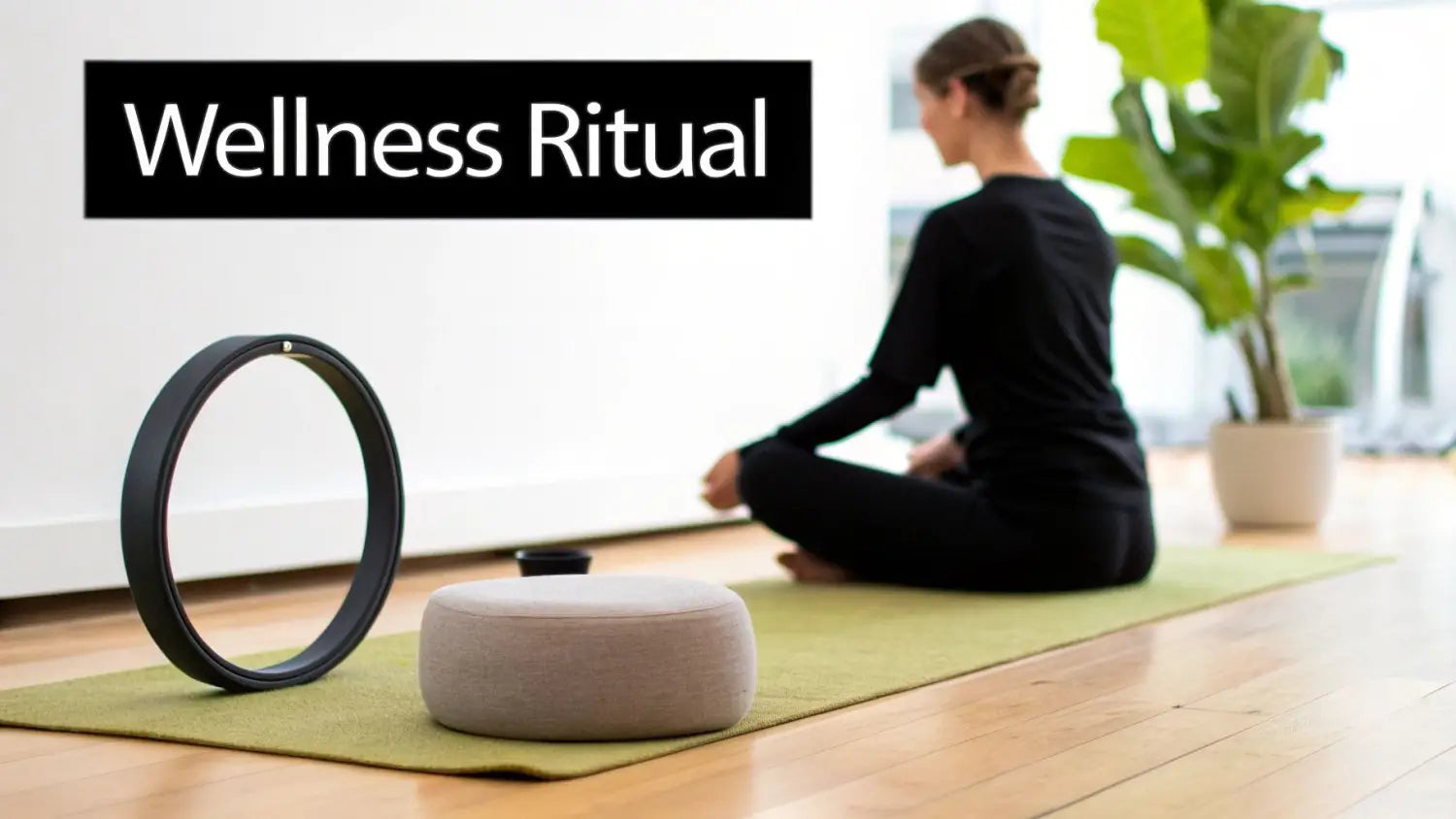 Woman meditates on a mat with a Pilates ring and cushion, embodying a wellness ritual.