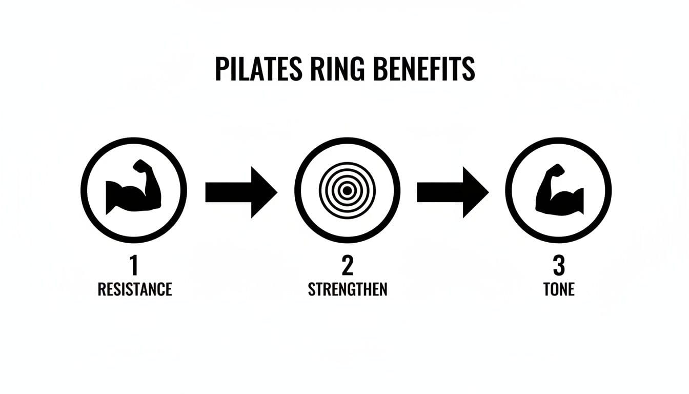 Infographic illustrating Pilates ring benefits: resistance leads to strengthening and muscle toning.