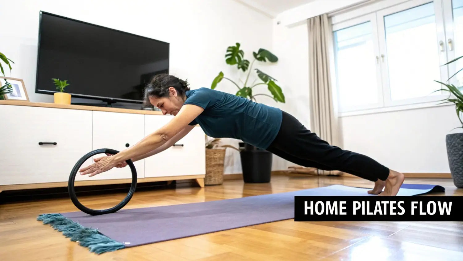 A woman performs a pilates plank exercise using a resistance ring on a mat at home.