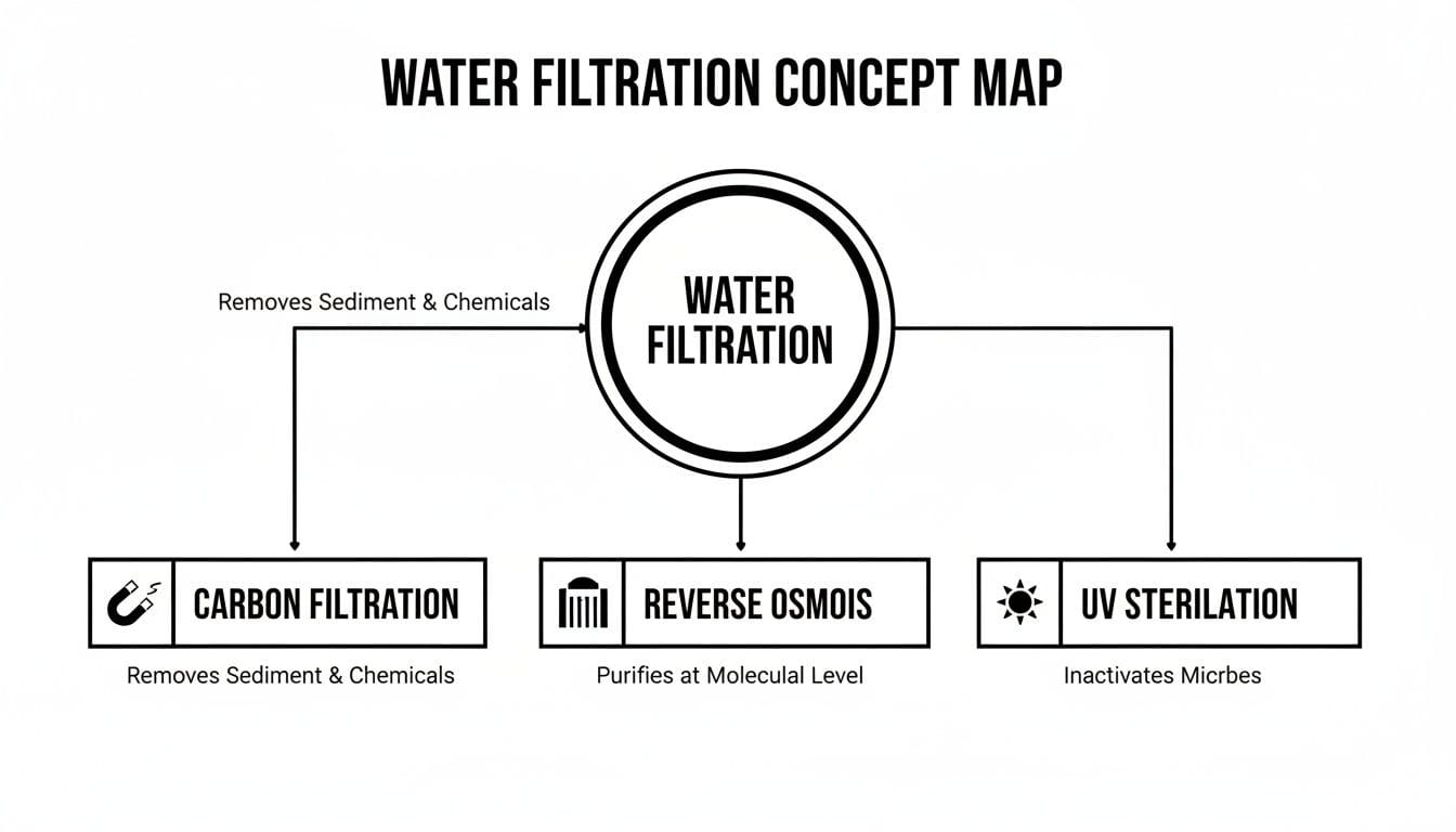 A concept map illustrating water filtration methods: carbon filtration, reverse osmosis, and UV sterilization, with their functions.