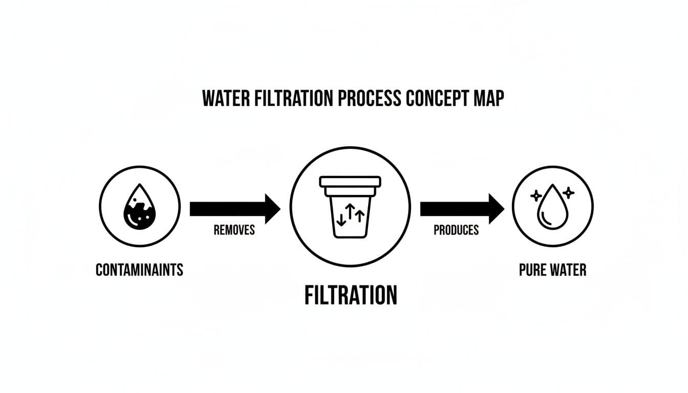 A diagram illustrating the water filtration process: contaminants are removed by filtration to produce pure water.