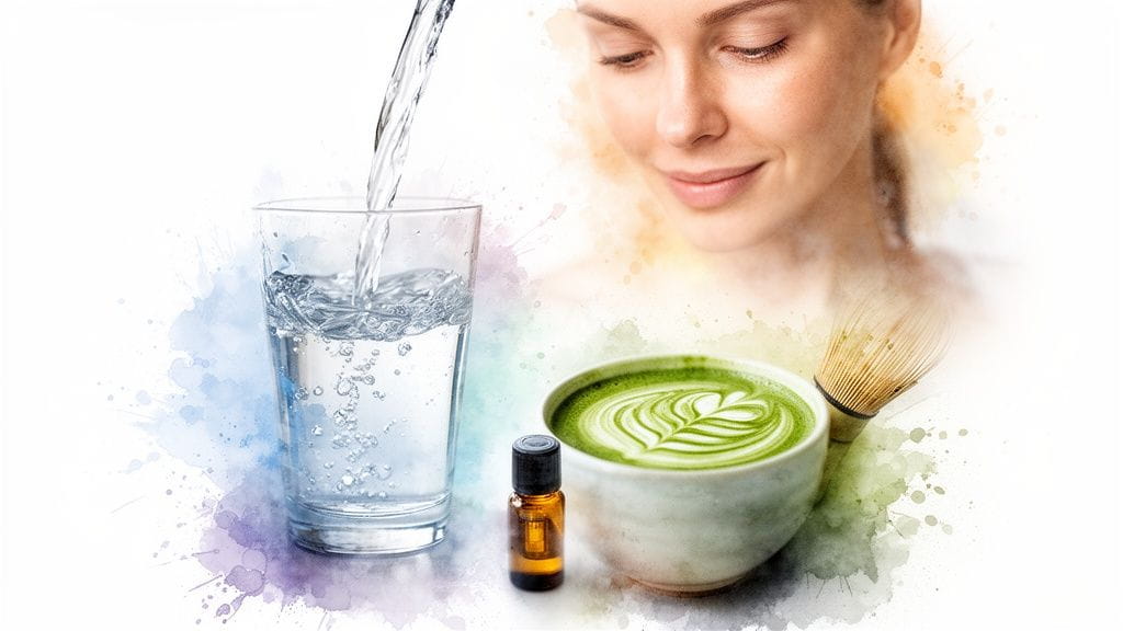A serene woman, fresh water, a vibrant matcha latte, and an essential oil bottle, with watercolor elements.