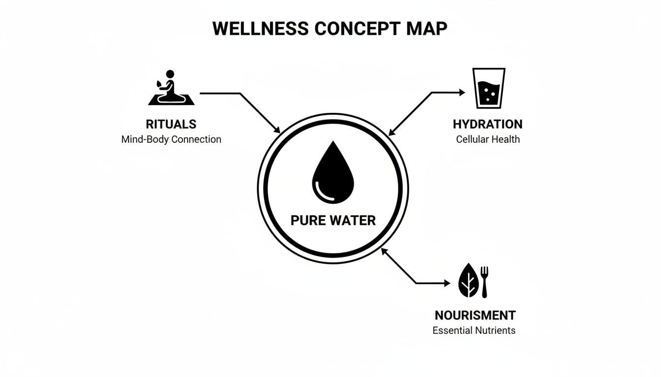 Wellness concept map showing pure water as central, influenced by rituals, hydration, and nourishment.