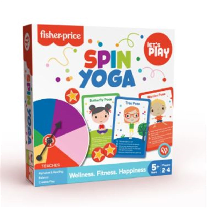 Fisher Price Spin Yoga game box with colorful cards and spinner wheel for fun yoga play