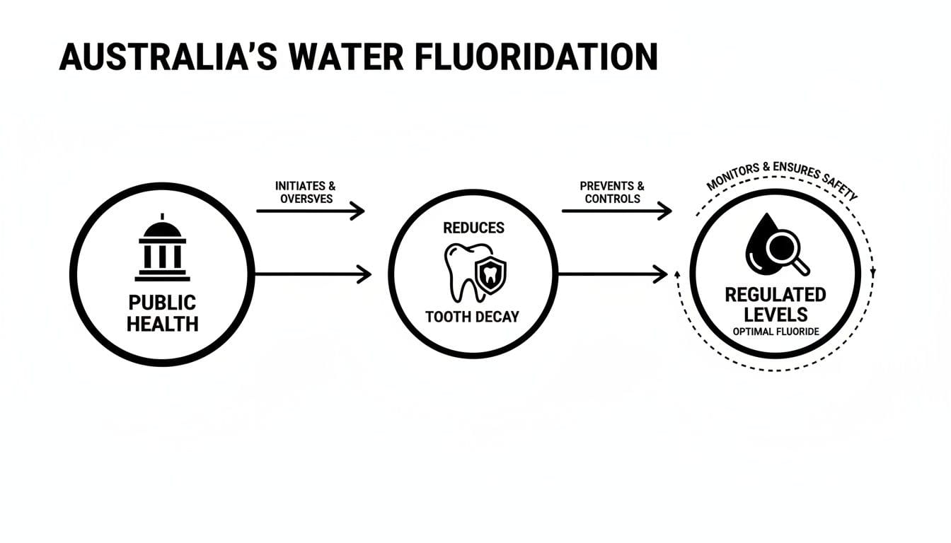 Flowchart illustrating Australia's water fluoridation, from public health initiatives to regulated levels ensuring safety and reducing tooth decay.