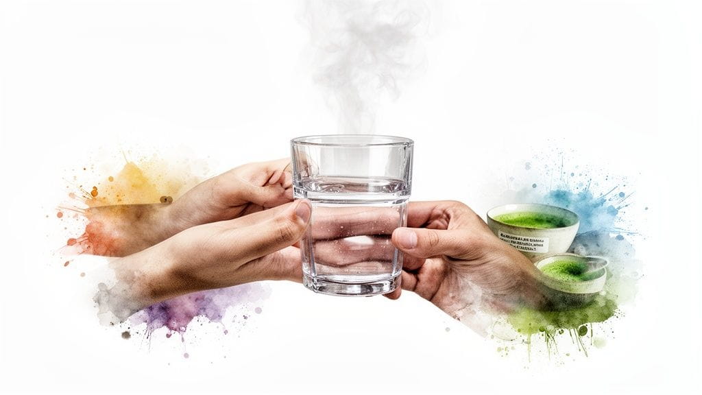 Hands gently hold a steaming glass of water surrounded by vibrant watercolor splashes and matcha bowls.