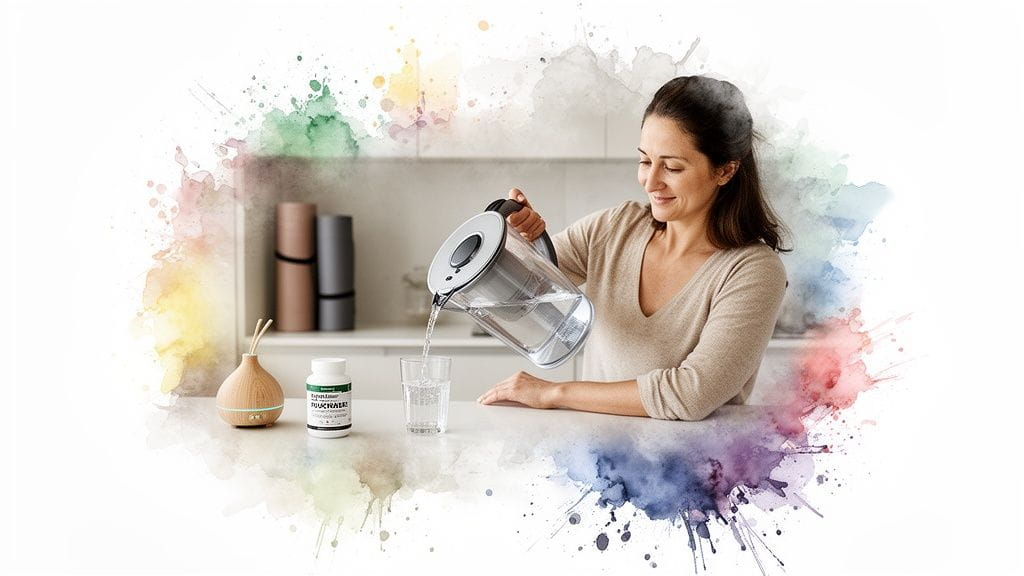 A smiling woman pours a filter pitcher into a glass, surrounded by wellness items.