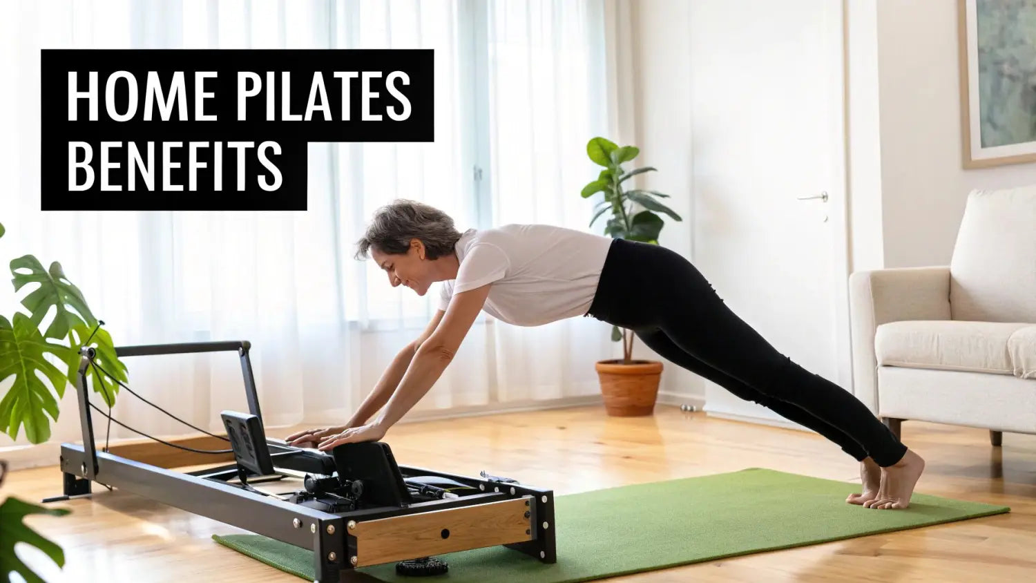 A mature woman performs a pilates exercise on a reformer machine in a bright home setting.