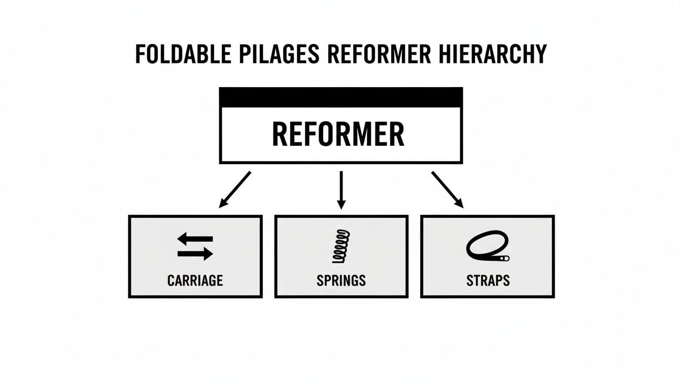 Hierarchy chart showing components of a foldable Pilates reformer: carriage, springs, and straps.