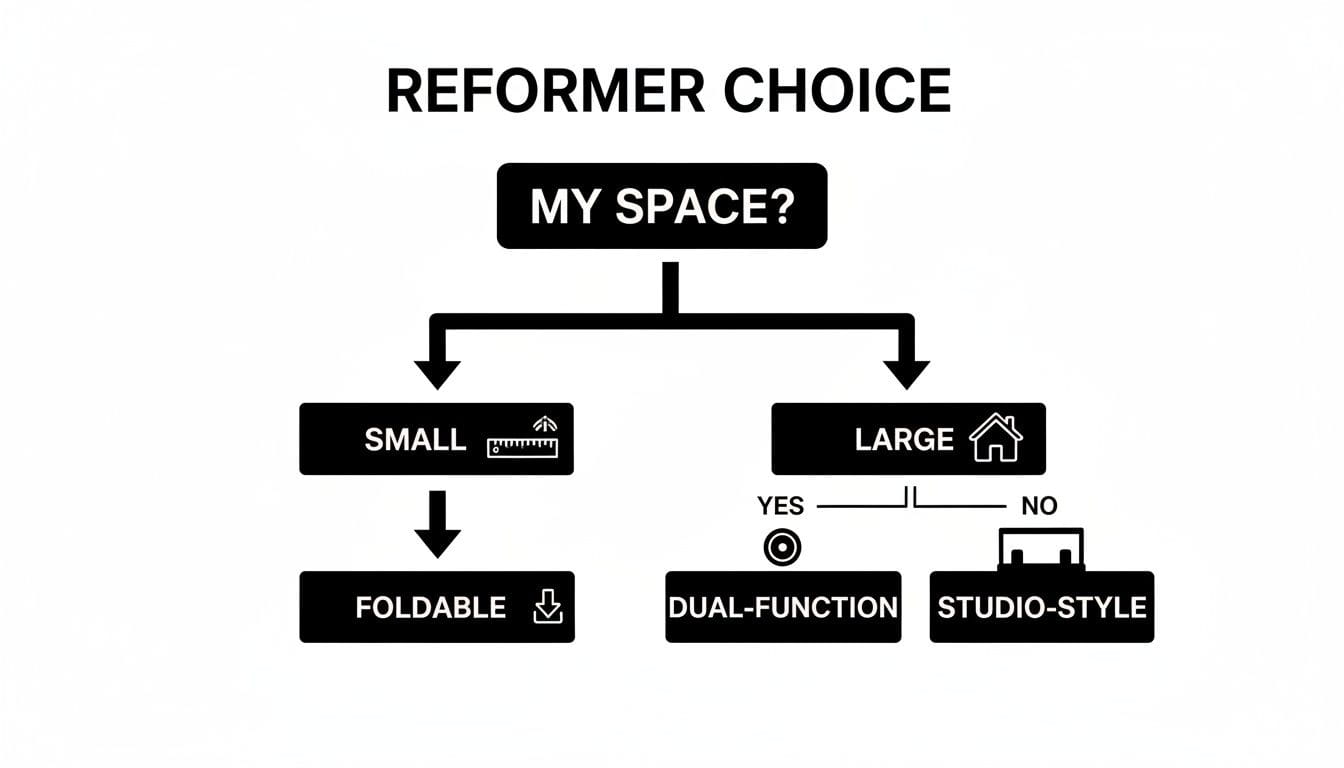 Flowchart guiding reformer choice based on space size, suggesting foldable, dual-function, or studio-style options.