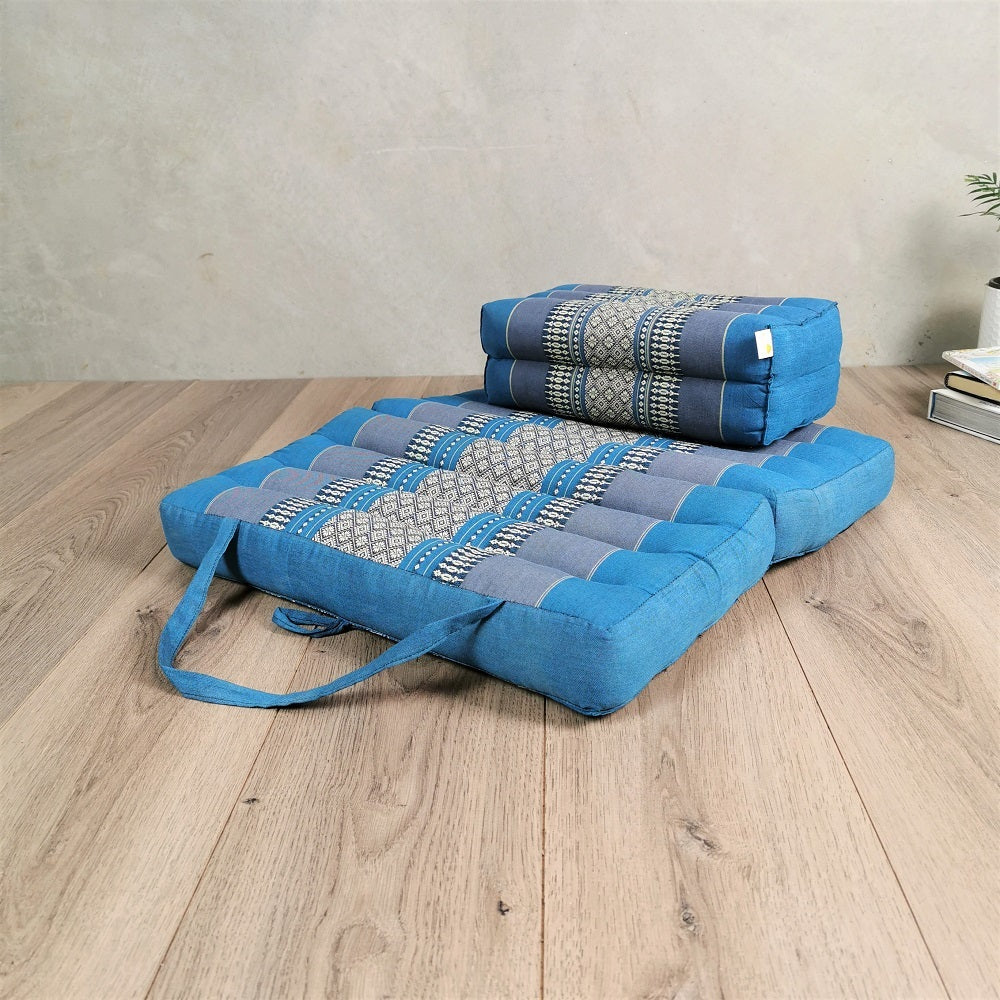 blue foldable meditation cushion and block set