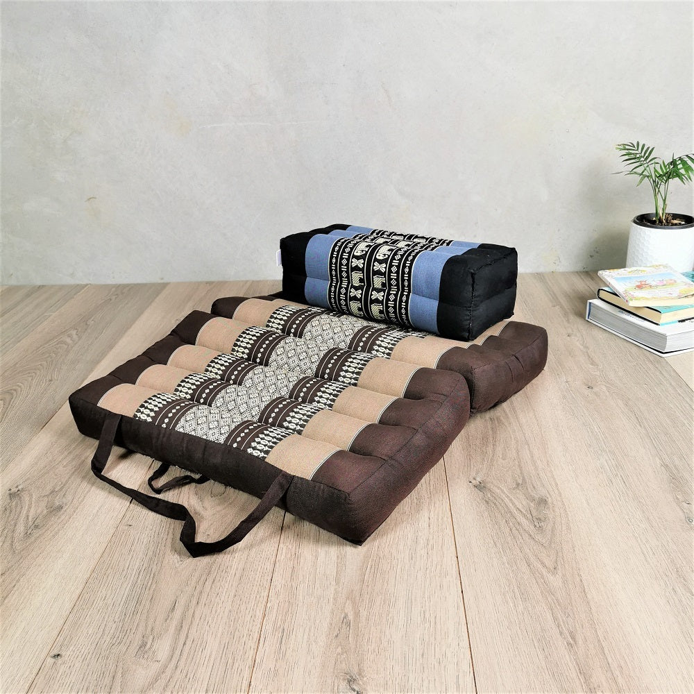 brown foldable meditation cushion with black and blue seat block set