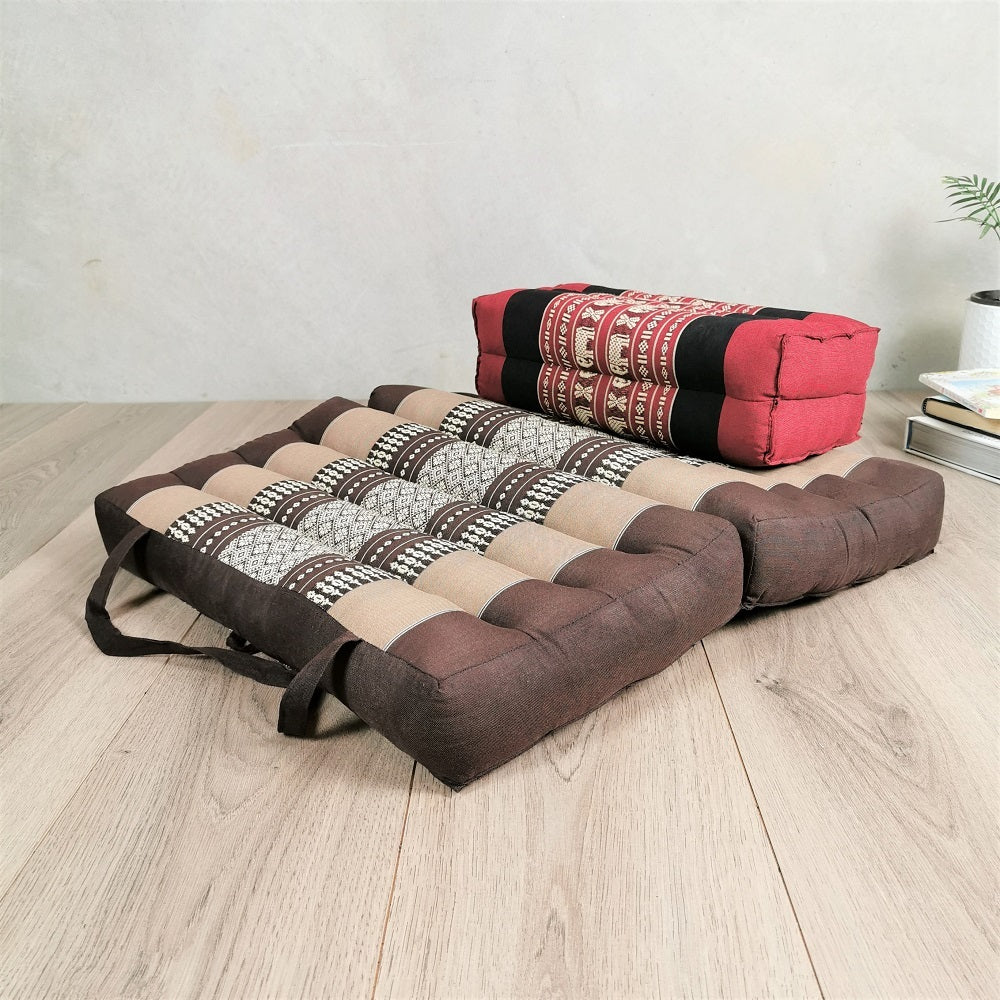 brown and cram foldable meditation cushion with black and red block seat set