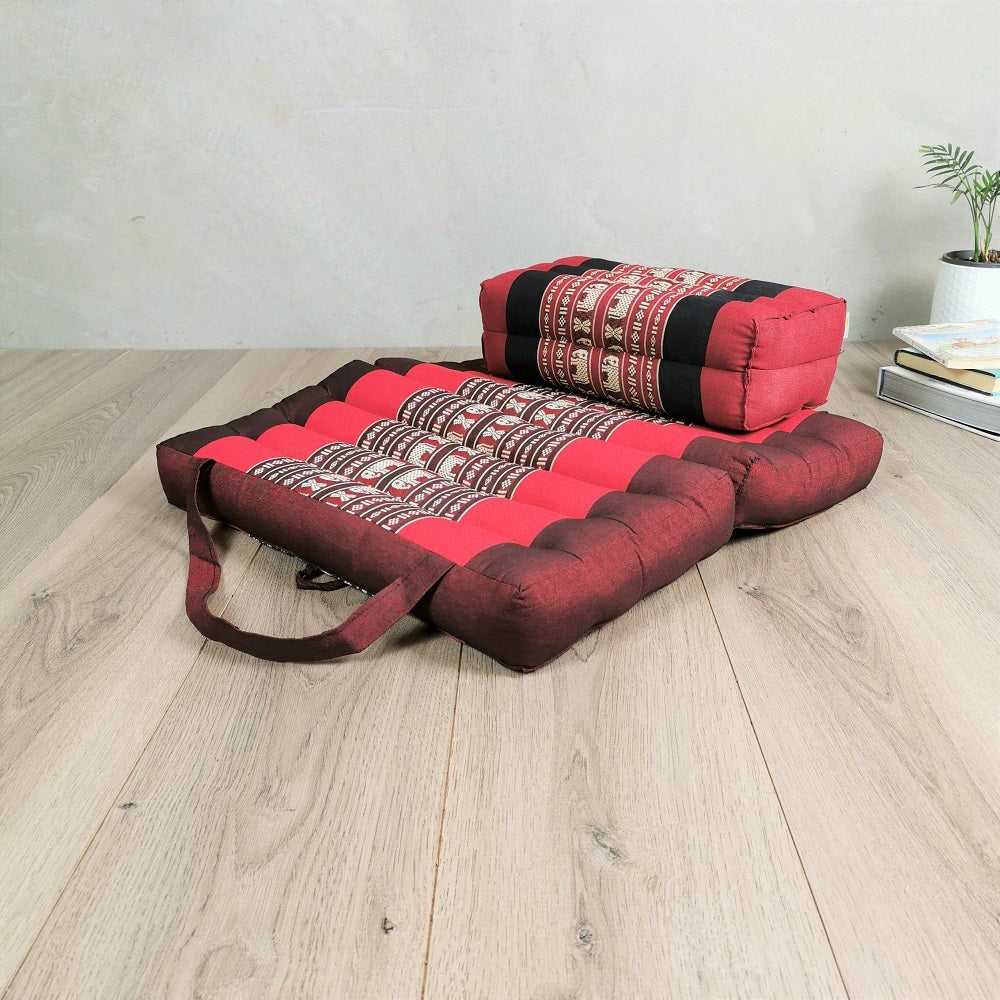 red and black meditation cushion and seat block set