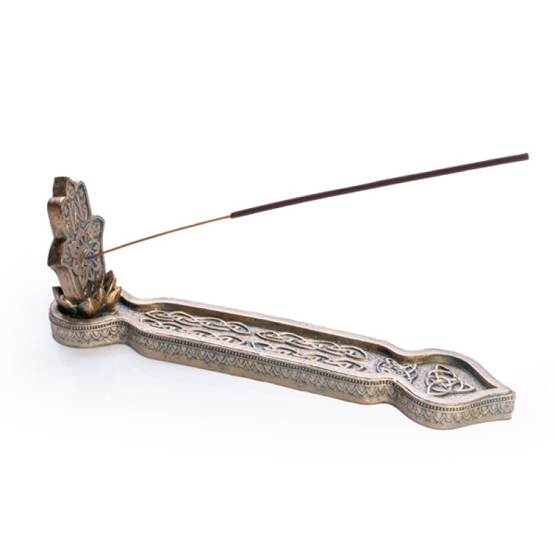 gold hamsa hand angled incense stick holder tray