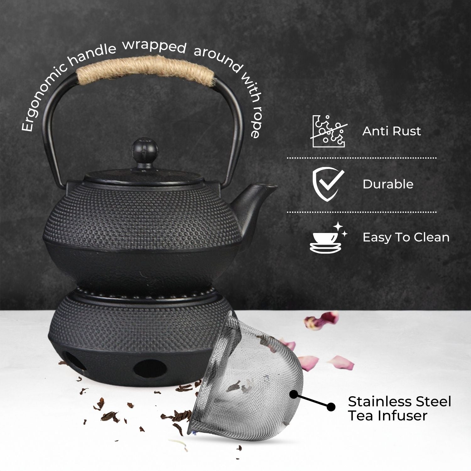 Cast iron teapot with hobnail texture and wrapped handle, Gominimo 1200ML Iron Teapot