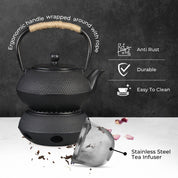 Cast iron teapot with hobnail texture and wrapped handle, Gominimo 1200ML Iron Teapot