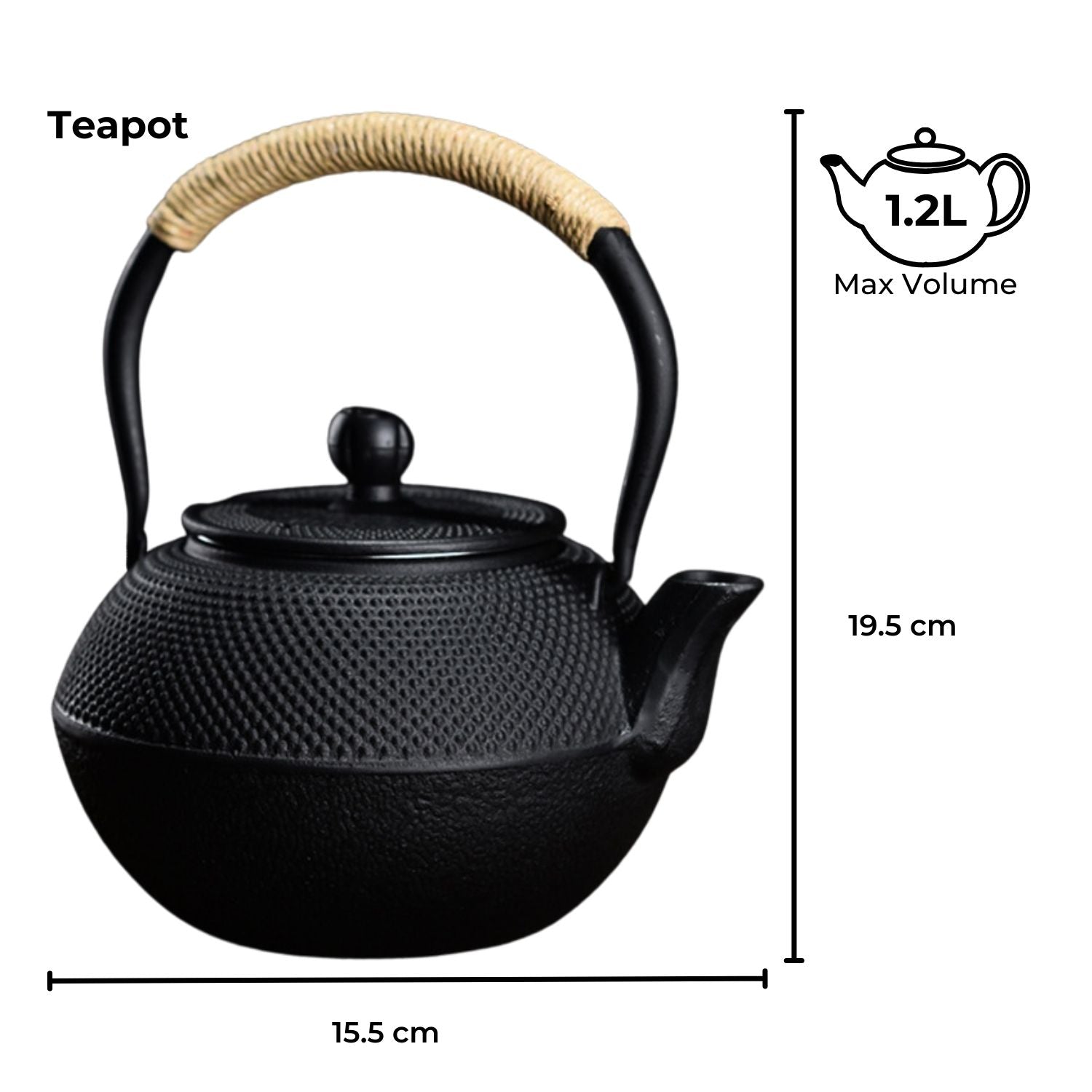 Black cast iron Gominimo 1200ML Iron Teapot with textured hobnail and bamboo handle