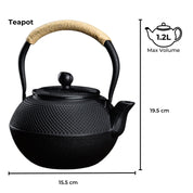 Black cast iron Gominimo 1200ML Iron Teapot with textured hobnail and bamboo handle