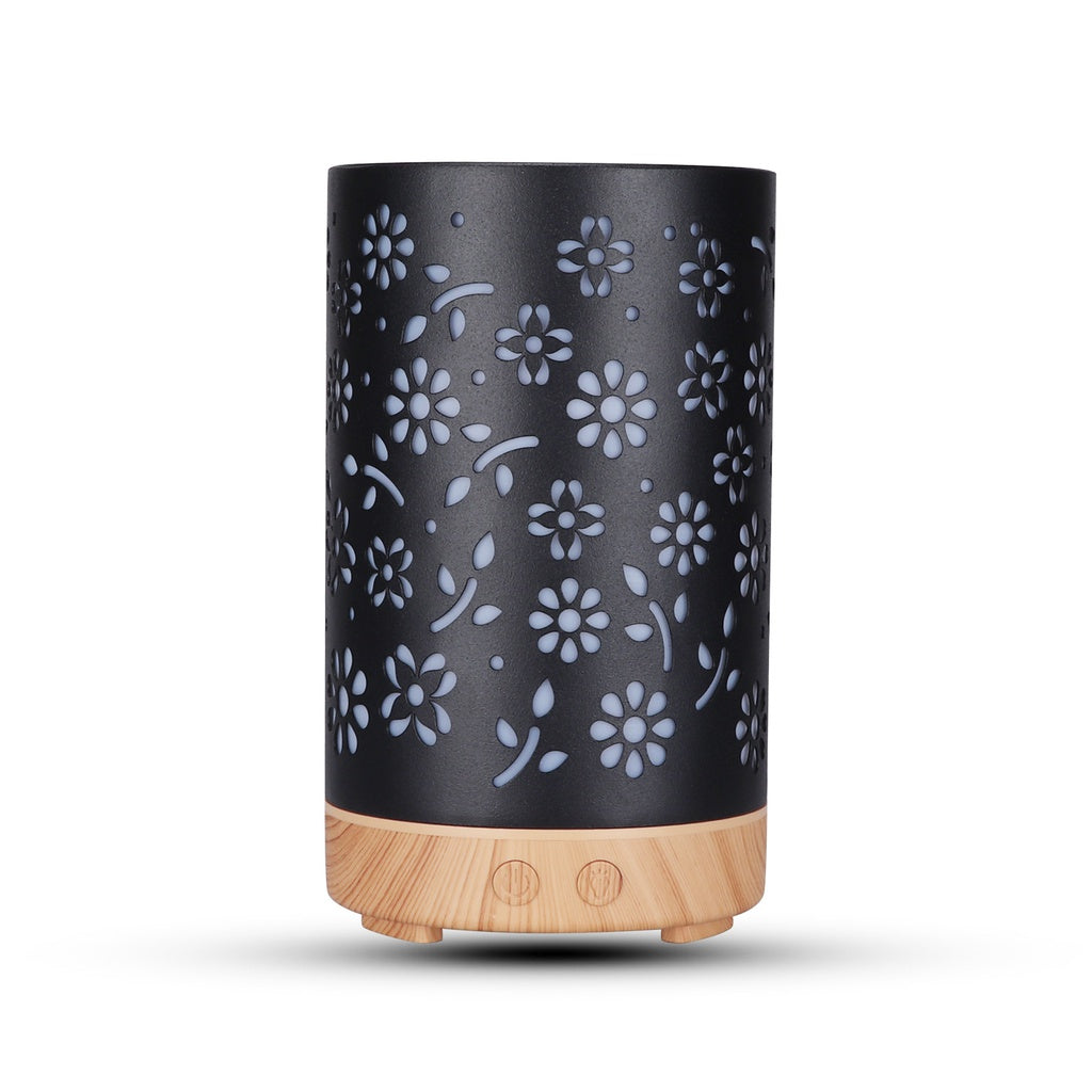 GOMINIMO LED Aromatherapy Essential Oil Diffuser 100ml Metal Cover Floral Design with Light Wood Base - Appliances >