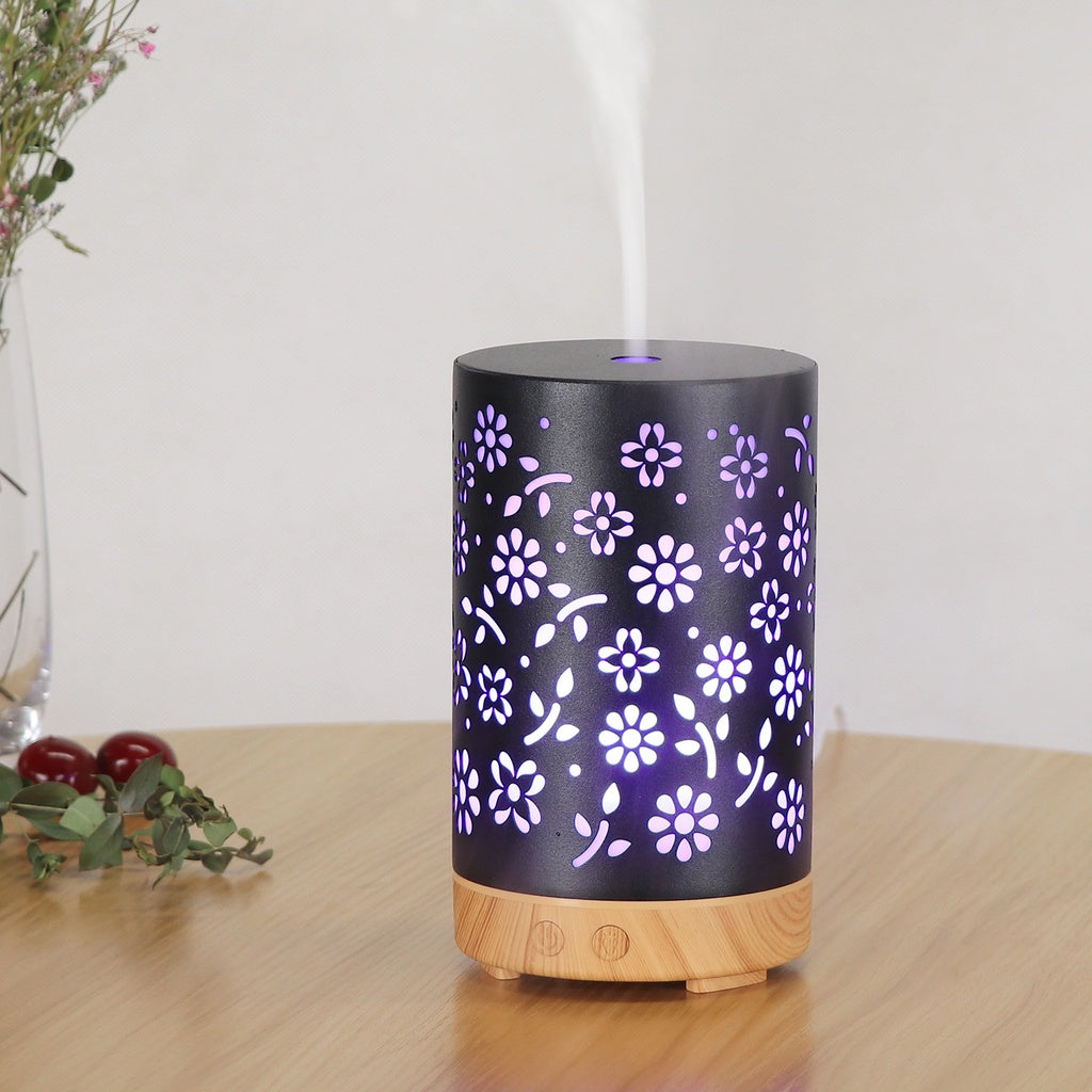 GOMINIMO LED Aromatherapy Essential Oil Diffuser 100ml Metal Cover Floral Design with Light Wood Base - Appliances >