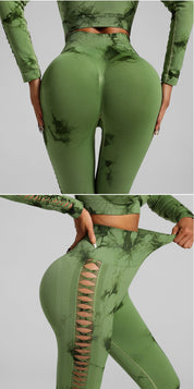 Grass Green Size L Tie-Dye Premium Yoga Set Long Sleeve Butt Lift Leggings Seamless Workout Training Gym Clothes